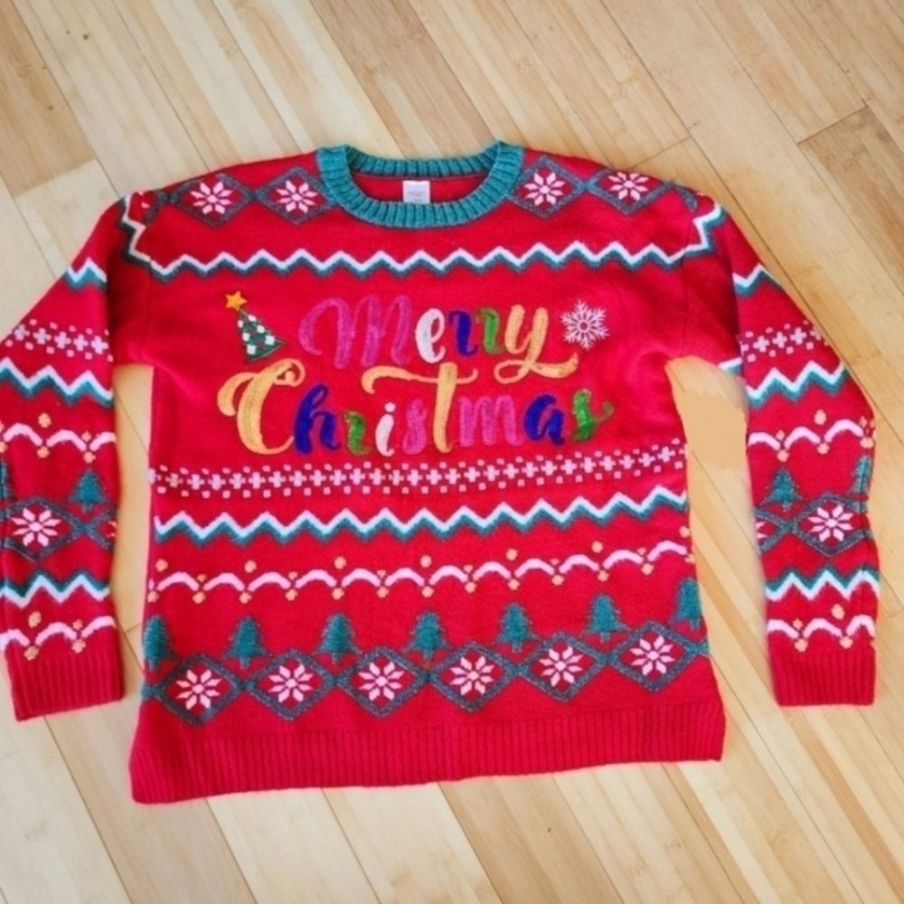 Holiday Time Merry Christmas Sweater Red Colorful Sequins Women's Large L EUC